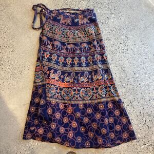 Vintage Women’s Navy Elephant Print Wrap Midi Skirt Boho Festival